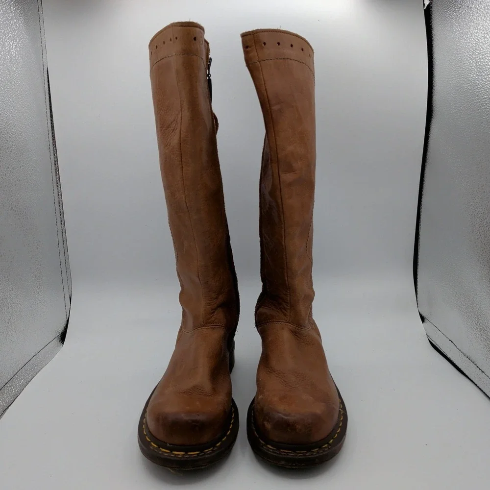 Dr Martens 11484 Slate Hi Peanut Brown Leather Women 9 Tall Knee High Boots Lace